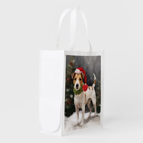 Jack Russell Dog in Snow Christmas Grocery Bag