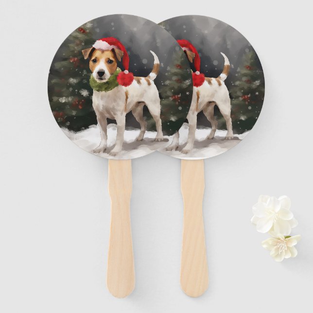 Jack Russell Dog in Snow Christmas Hand Fan (Front and Back)
