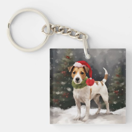 Jack Russell Dog in Snow Christmas Keychain