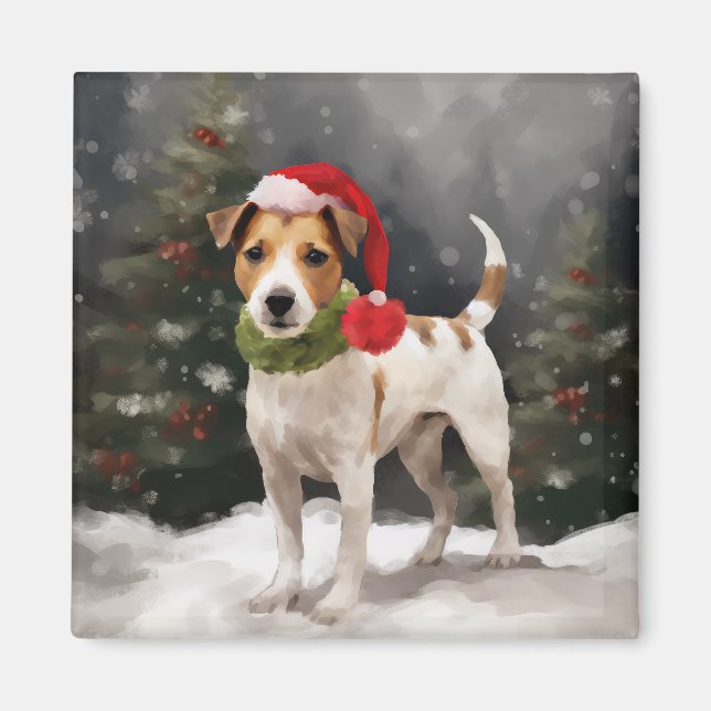 Jack Russell Dog in Snow Christmas Magnet (Front)
