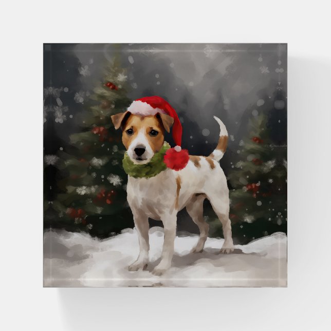 Jack Russell Dog in Snow Christmas Paperweight (Front)
