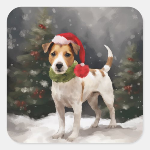 Jack Russell Dog in Snow Christmas Square Sticker
