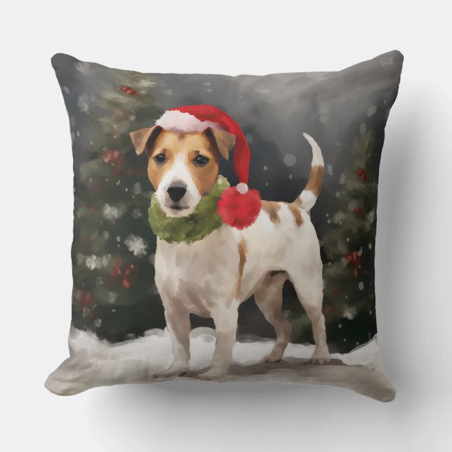 Jack Russell Dog in Snow Christmas Throw Pillow (Front)