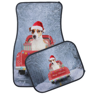 Jack Russell Dog in Snow sitting in Christmas Car Floor Mat