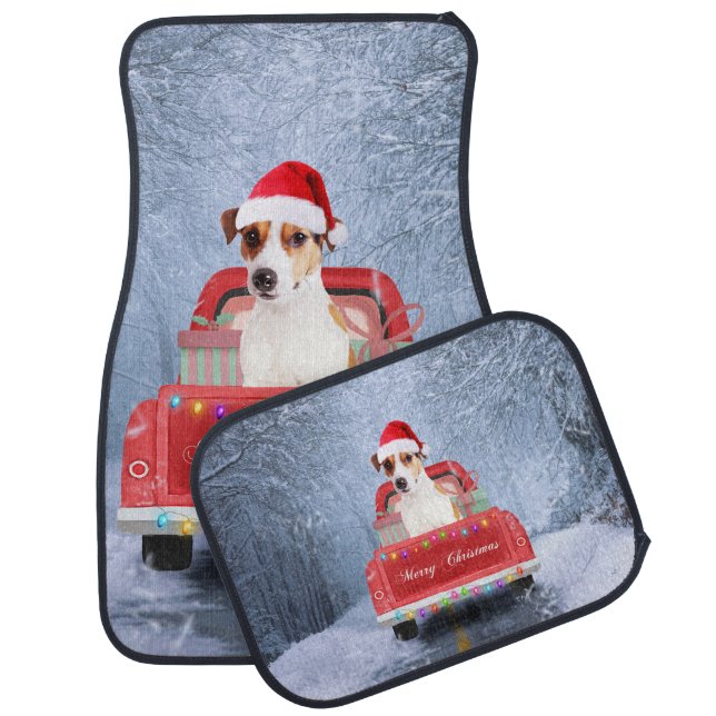 Jack Russell Dog in Snow sitting in Christmas  Car Floor Mat (Set)