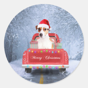 Jack Russell Dog in Snow sitting in Christmas Classic Round Sticker
