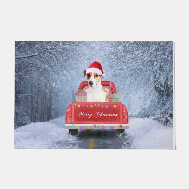 Jack Russell Dog in Snow sitting in Christmas  Doormat (Front)