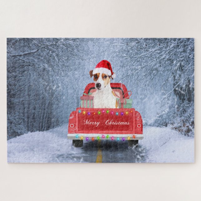 Jack Russell Dog in Snow sitting in Christmas  Jigsaw Puzzle (Horizontal)