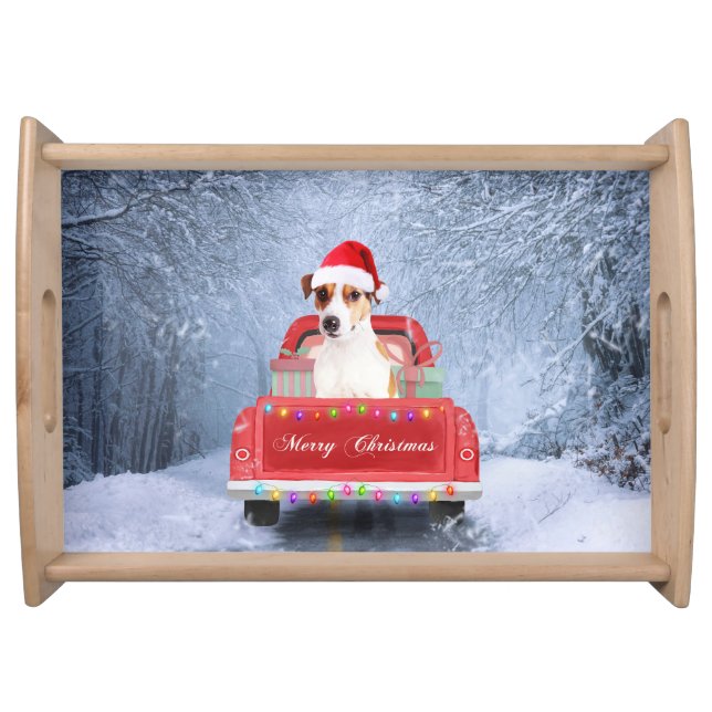 Jack Russell Dog in Snow sitting in Christmas Serving Tray (Front)
