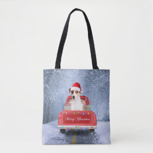 Jack Russell Dog in Snow sitting in Christmas Tote Bag