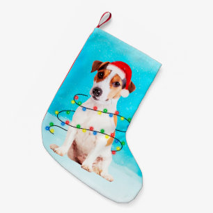 jack russell Dog in snow with Santa Hat Lights Small Christmas Stocking