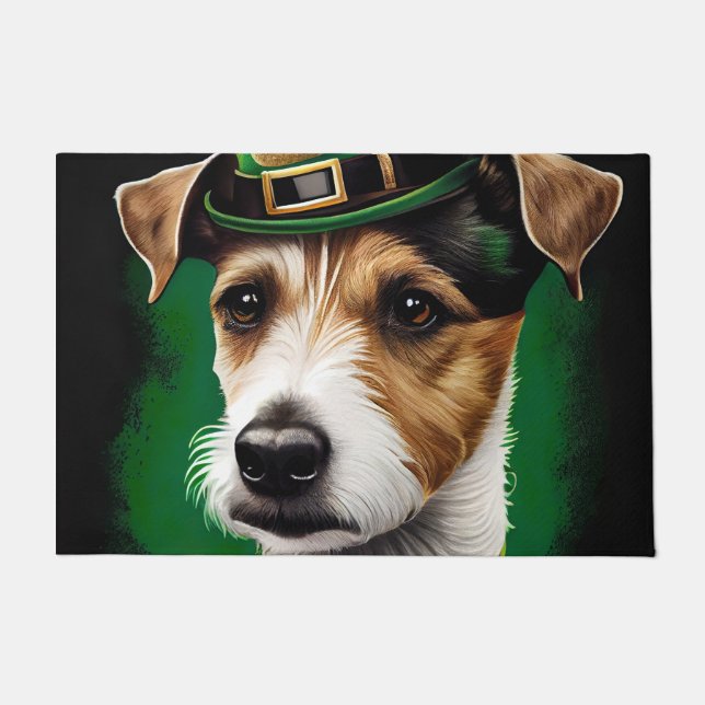 Jack Russell Dog in St. Patrick's Day Dress Doormat (Front)