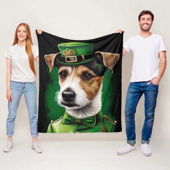 Jack Russell Dog in St. Patrick's Day Dress Fleece Blanket (In Situ)