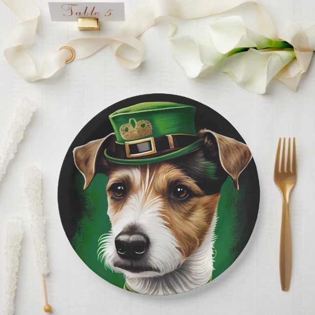 Jack Russell Dog in St. Patrick's Day Dress Paper Plates (Wedding)