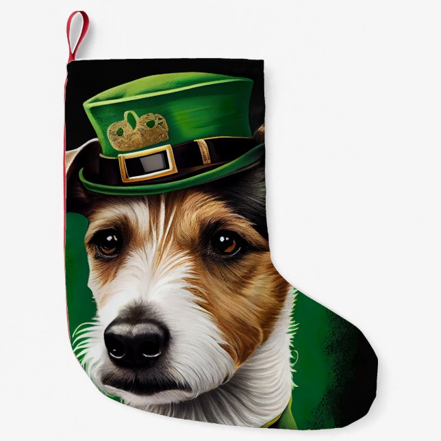 Jack Russell Dog in St. Patrick's Day Dress Small Christmas Stocking (Front)