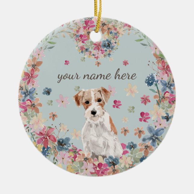 Jack Russell Dog Puppy Flower circle frame Ceramic Ornament (Front)