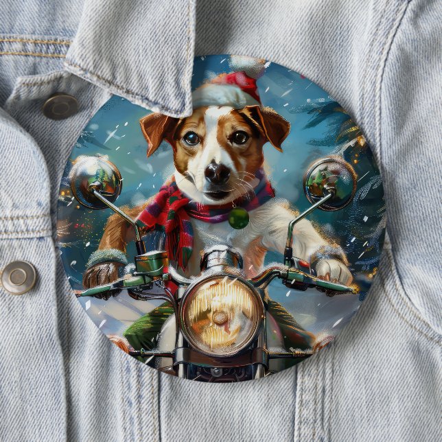 Jack Russell Dog Riding Motorcycle Christmas  Button (In Situ)