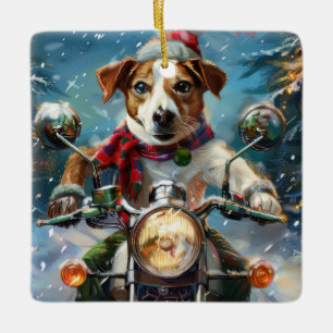 Jack Russell Dog Riding Motorcycle Christmas Ceramic Ornament