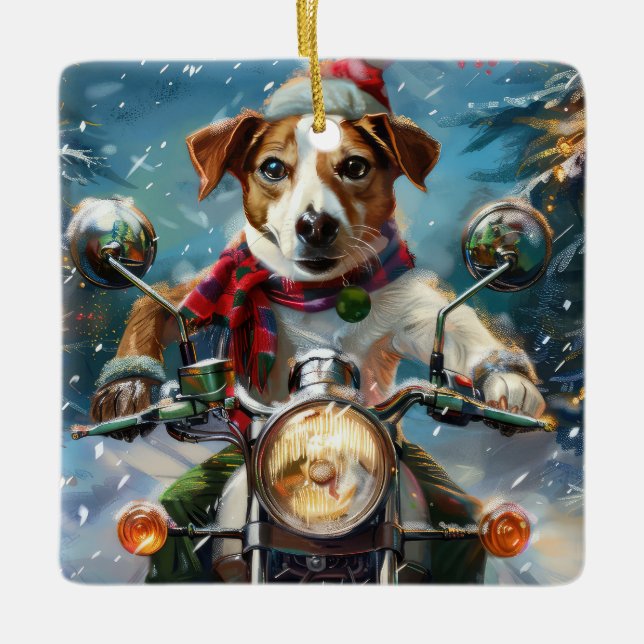 Jack Russell Dog Riding Motorcycle Christmas  Ceramic Ornament (Front)