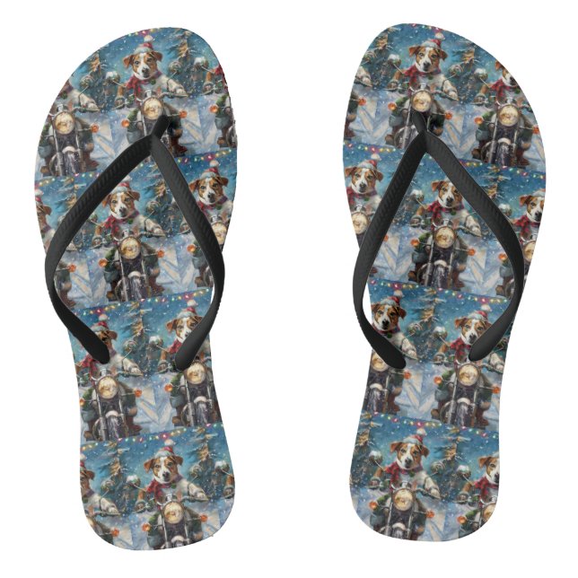 Jack Russell Dog Riding Motorcycle Christmas  Flip Flops (Footbed)