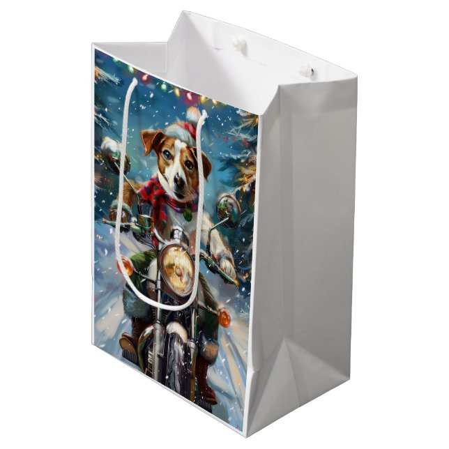 Jack Russell Dog Riding Motorcycle Christmas  Medium Gift Bag (Front Angled)