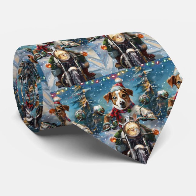 Jack Russell Dog Riding Motorcycle Christmas  Neck Tie (Rolled)