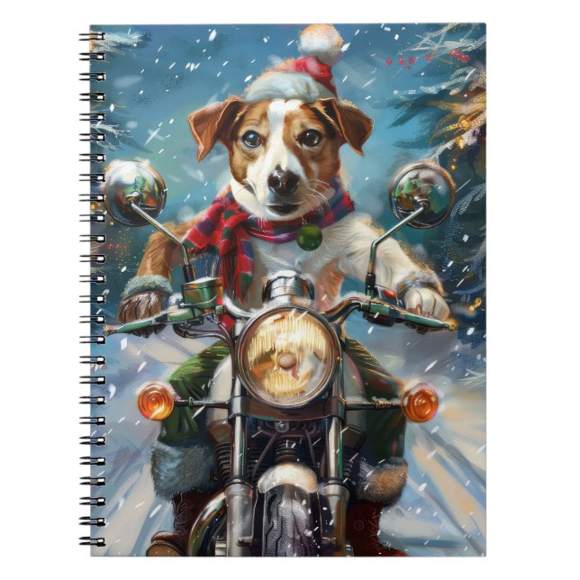Jack Russell Dog Riding Motorcycle Christmas  Notebook (Front)