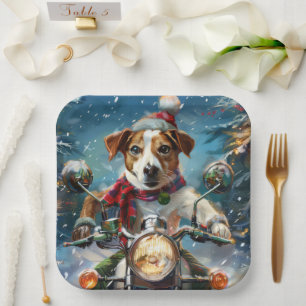 Jack Russell Dog Riding Motorcycle Christmas  Paper Plates