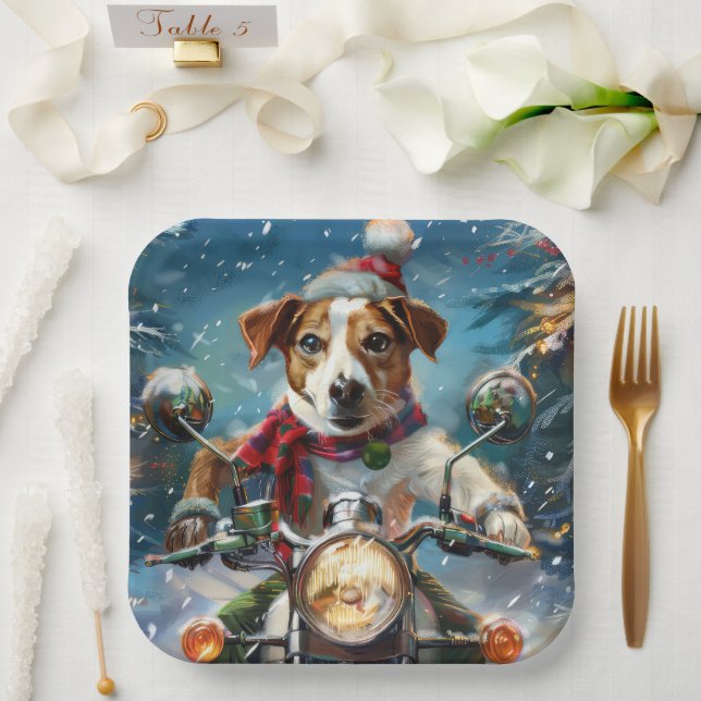 Jack Russell Dog Riding Motorcycle Christmas  Paper Plates (Wedding)