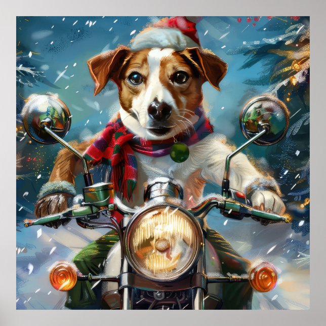 Jack Russell Dog Riding Motorcycle Christmas  Poster (Front)
