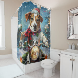 Jack Russell Dog Riding Motorcycle Christmas Shower Curtain