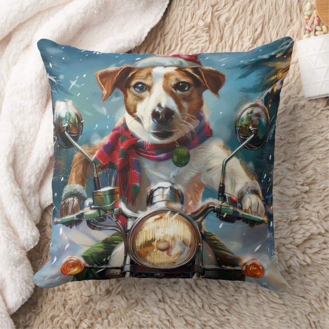 Jack Russell Dog Riding Motorcycle Christmas  Throw Pillow (Blanket)