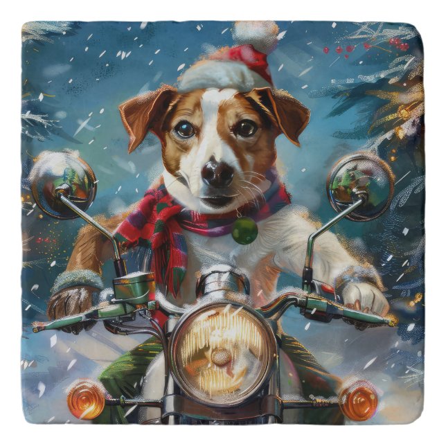 Jack Russell Dog Riding Motorcycle Christmas  Trivet (Front)