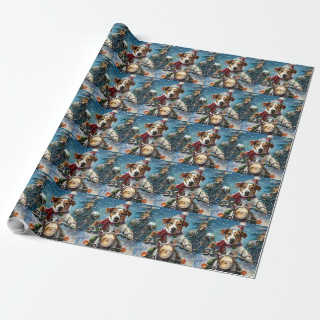 Jack Russell Dog Riding Motorcycle Christmas  Wrapping Paper (Unrolled)