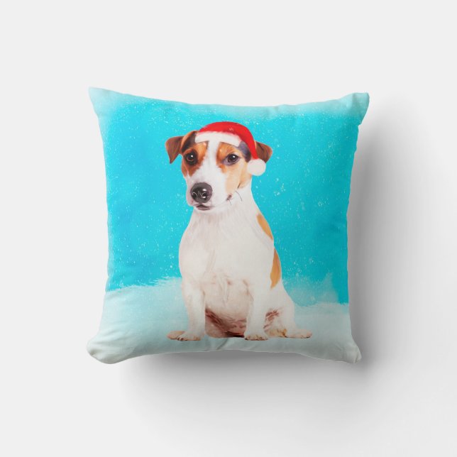 jack russell Dog Sitting in snow with Santa Hat Throw Pillow (Front)