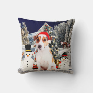 jack russell Dog Sitting in snow with Santa Hat Throw Pillow