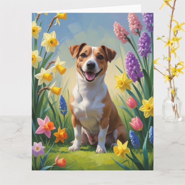 Jack Russell Dog Spring Flowers Painting Card (Yellow Flower)