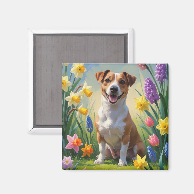 Jack Russell Dog Spring Flowers Painting Magnet (Front/Back)
