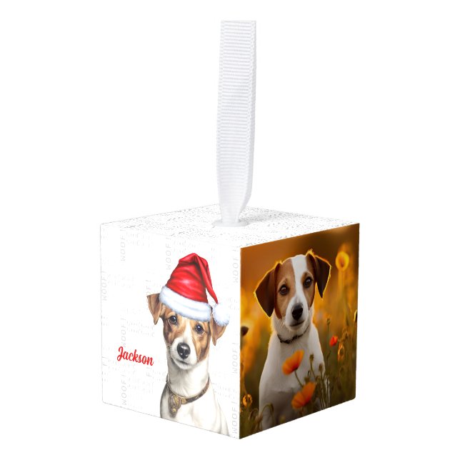 Jack Russell Dog Two Photo Christmas Holiday Cube Ornament (Front Angled)