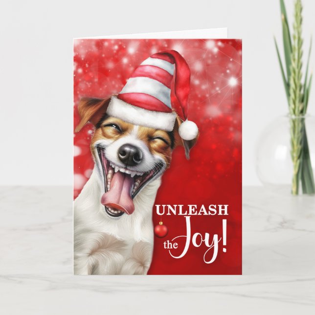 Jack Russell Dog Unleash the Joy Christmas Holiday Card (Front)