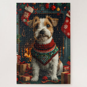 Jack Russell Dog With Christmas Gifts Fireplace Jigsaw Puzzle