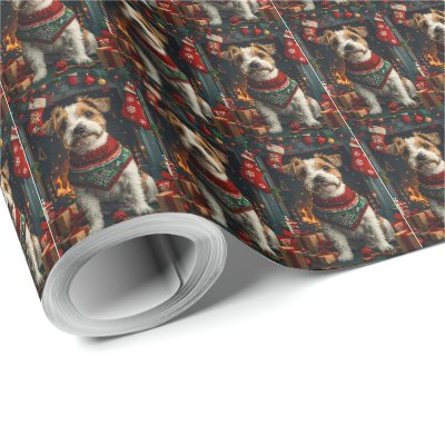 Jack Russell Dog With Christmas Gifts Fireplace Wrapping Paper