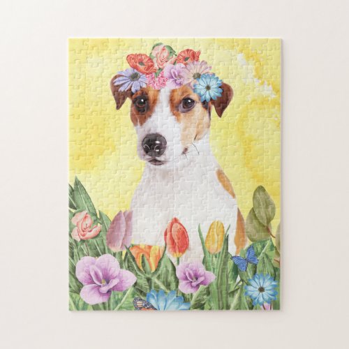 Jack Russell Dog with Flowers Spring Jigsaw Puzzle