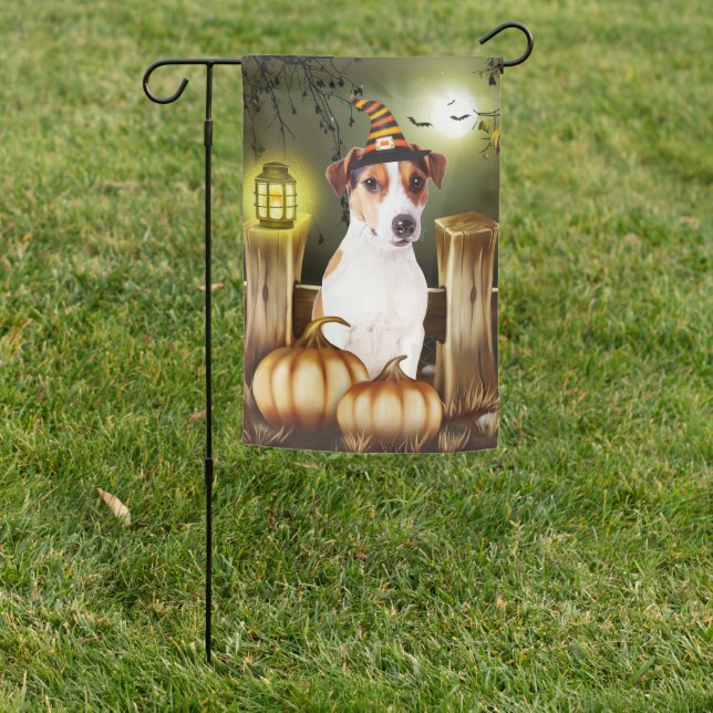 Jack Russell Dog with Witch Hat Halloween Gift Ide Garden Flag (In SItu)