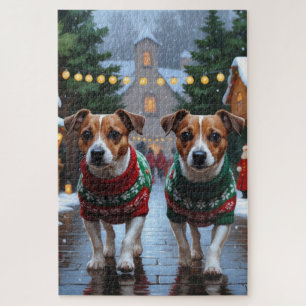 Jack Russell Dogs Christmas Snow Holiday Jigsaw Puzzle