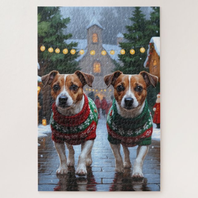 Jack Russell Dogs Christmas Snow Holiday Jigsaw Puzzle (Vertical)