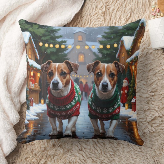Jack Russell Dogs Christmas Snow Holiday Throw Pillow (Blanket)
