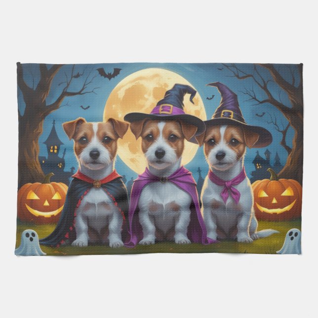 Jack Russell Dogs Pumpkin Halloween Funny Kitchen Towel (Horizontal)