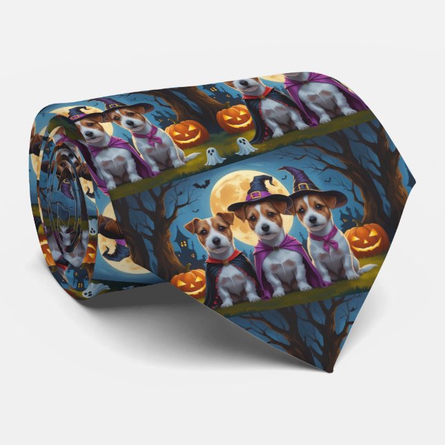 Jack Russell Dogs Pumpkin Halloween Funny Neck Tie (Rolled)