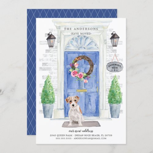 Jack Russell Front Door Moving Announcement - Announce your new address with our stylish announcement featuring a  Jack Russell, blue front door, welcome mat, slate sign, topiaries and a floral wreath set on a gray brick background.